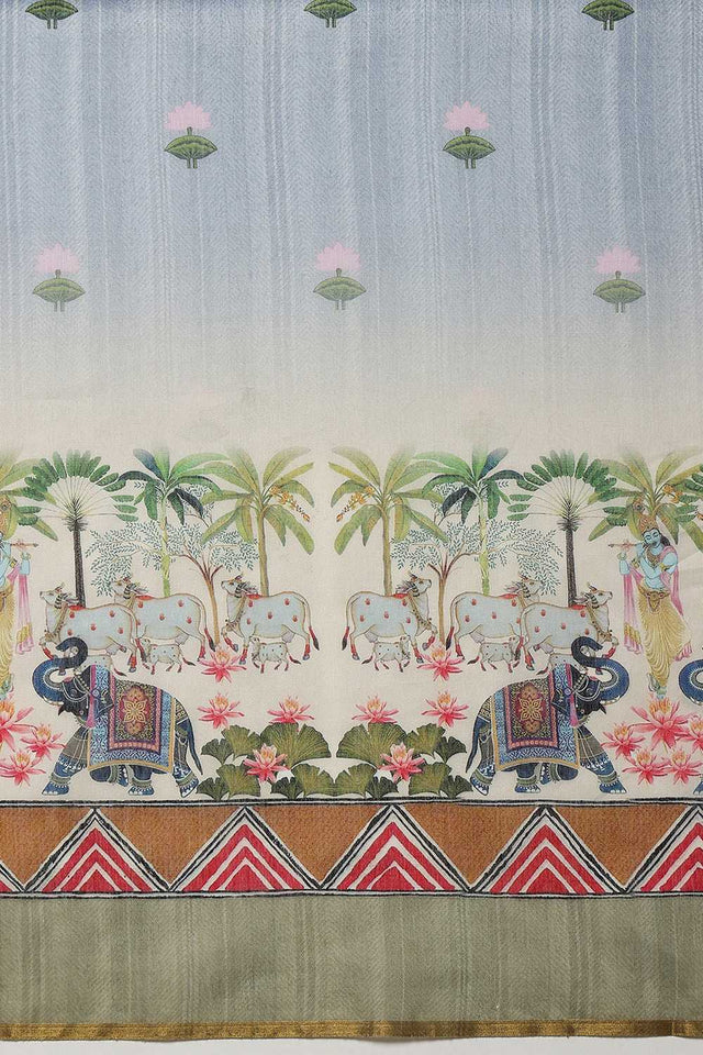 Grey Madhubani Printed Cotton Blend Ready to Wear Saree