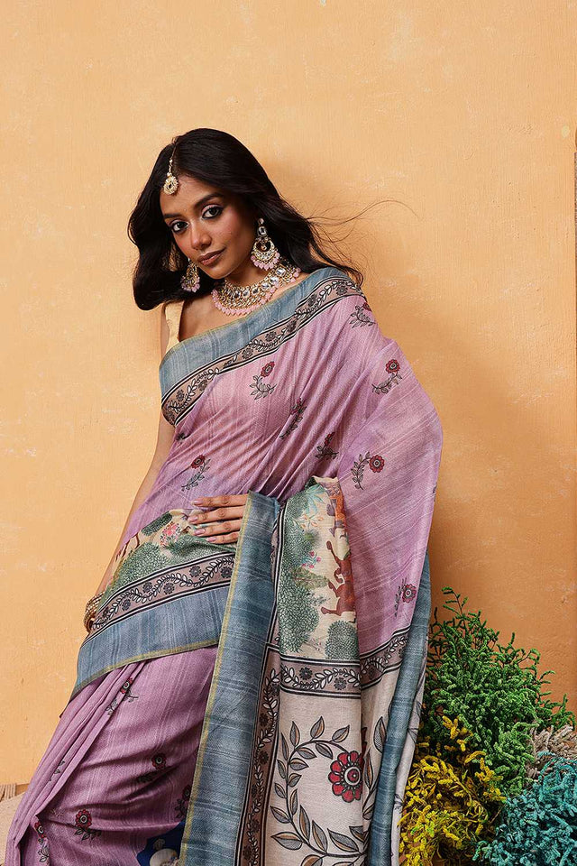 Pink Madhubani Printed Cotton Blend Ready to Wear Saree