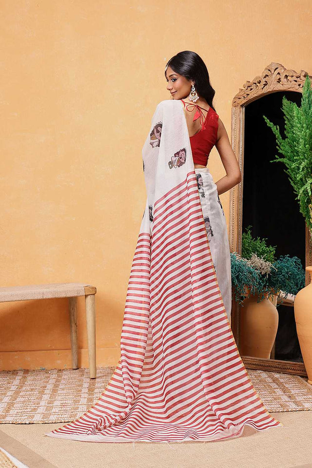 Beige Abstract Printed Cotton Blend Ready to Wear Saree