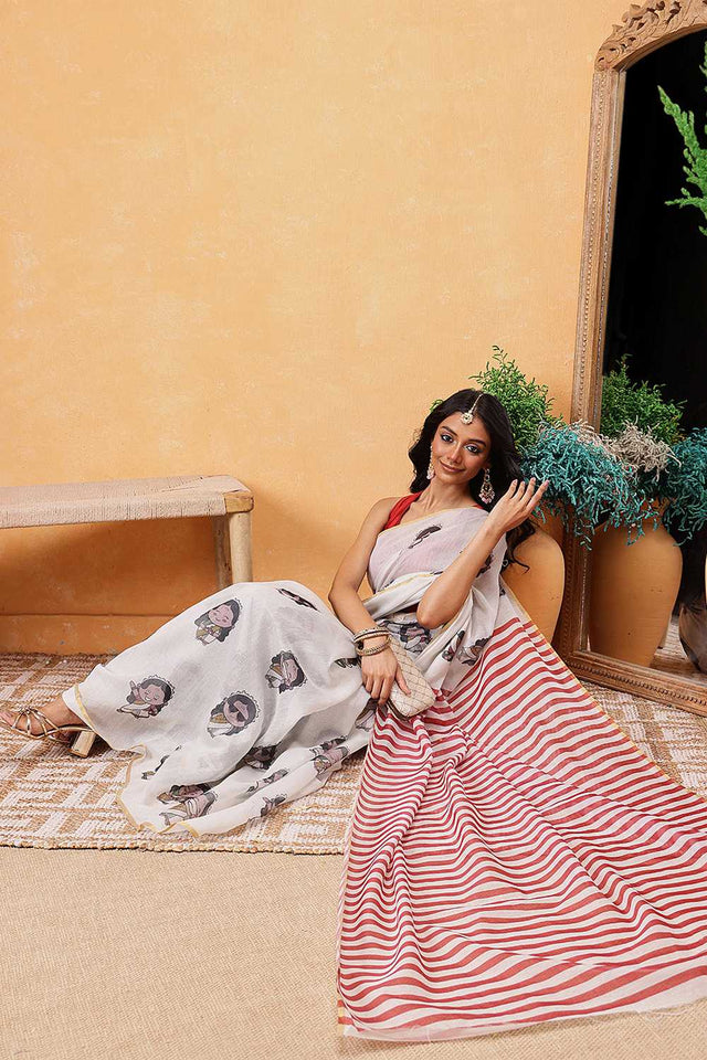 Beige Abstract Printed Cotton Blend Ready to Wear Saree