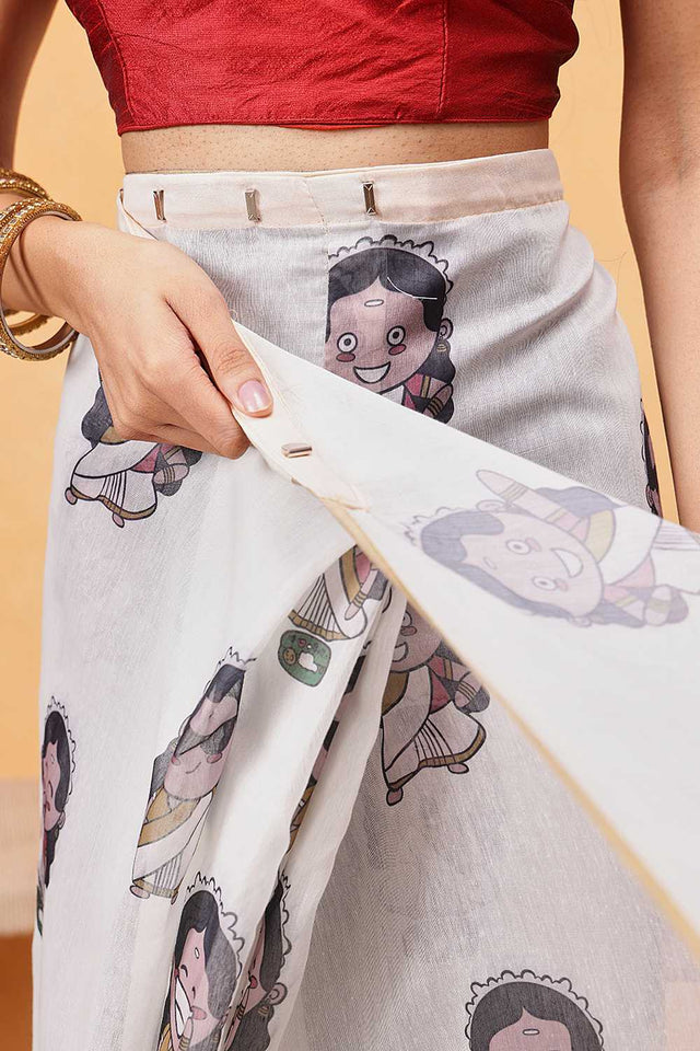 Beige Abstract Printed Cotton Blend Ready to Wear Saree