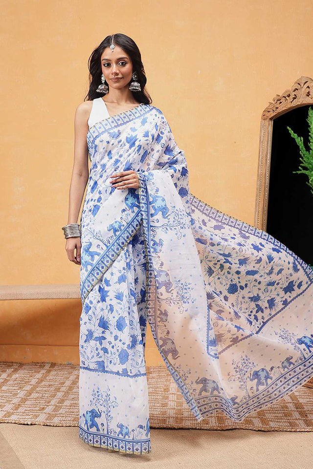 White Floral Printed Cotton Blend Ready to Wear Saree