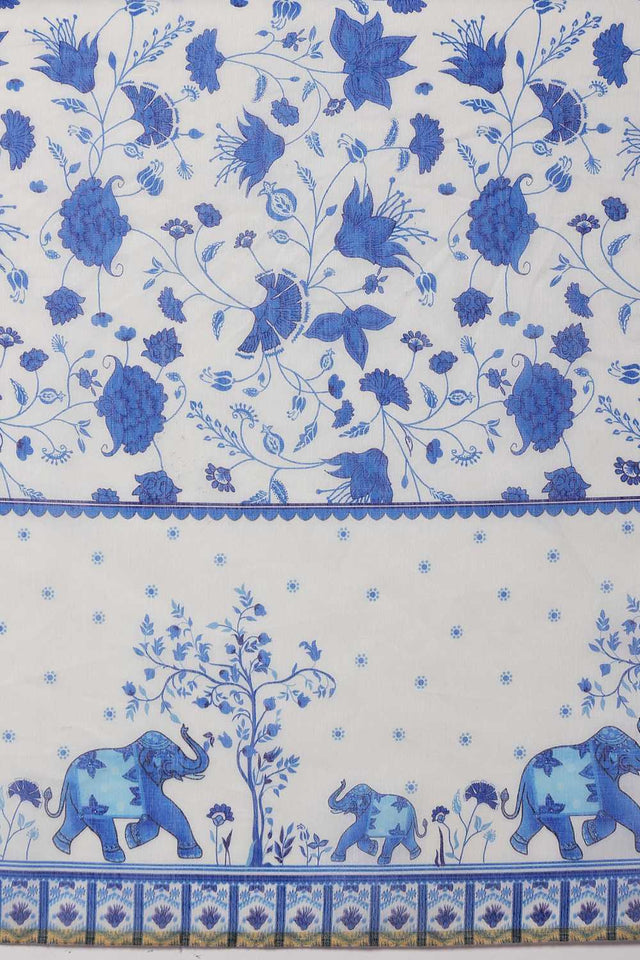 White Floral Printed Cotton Blend Ready to Wear Saree