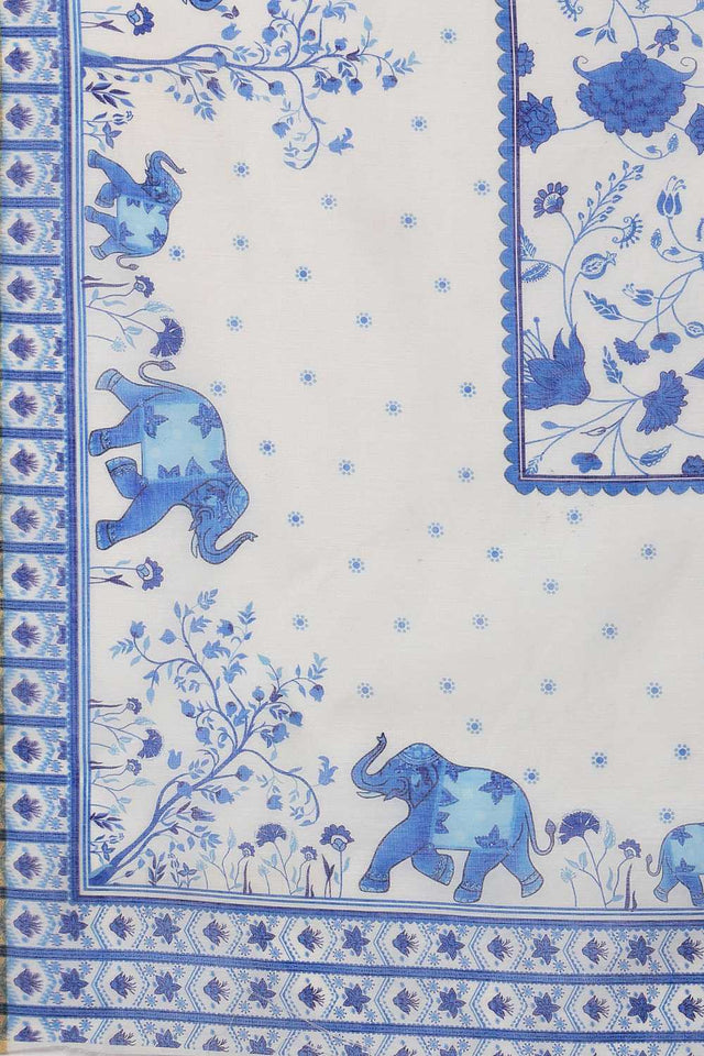 White Floral Printed Cotton Blend Ready to Wear Saree