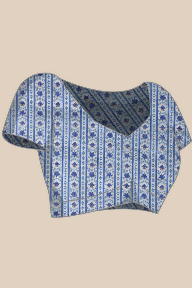 White Floral Printed Cotton Blend Ready to Wear Saree