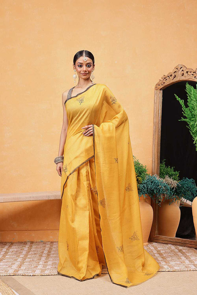 Yellow Animal Printed Cotton Blend Ready to Wear Saree