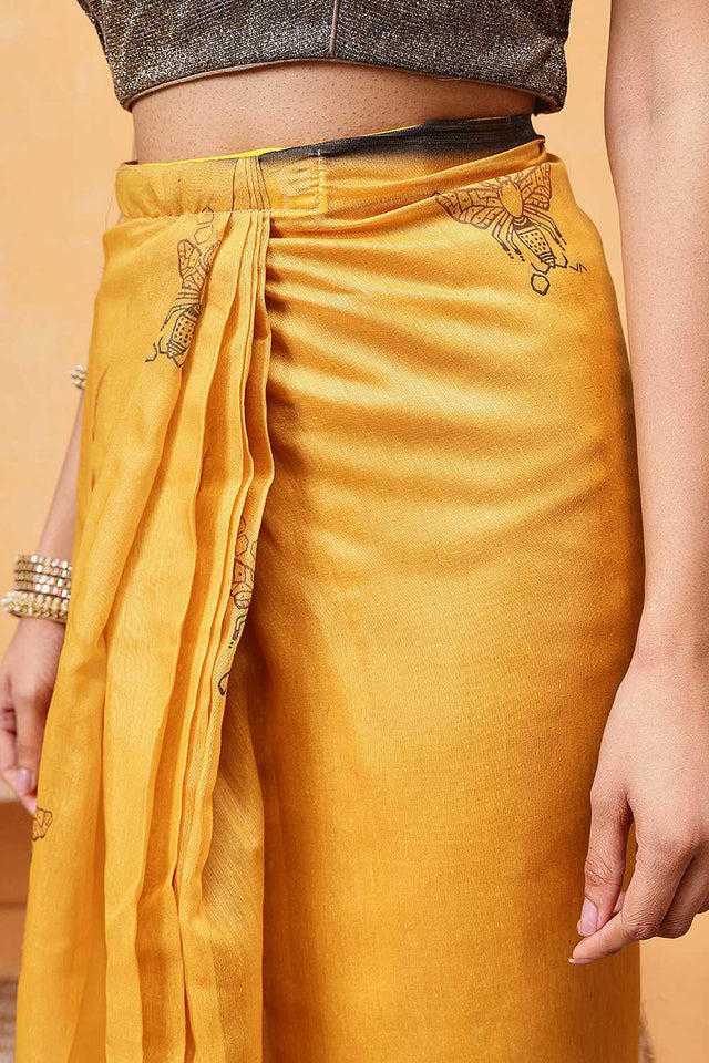 Yellow Animal Printed Cotton Blend Ready to Wear Saree