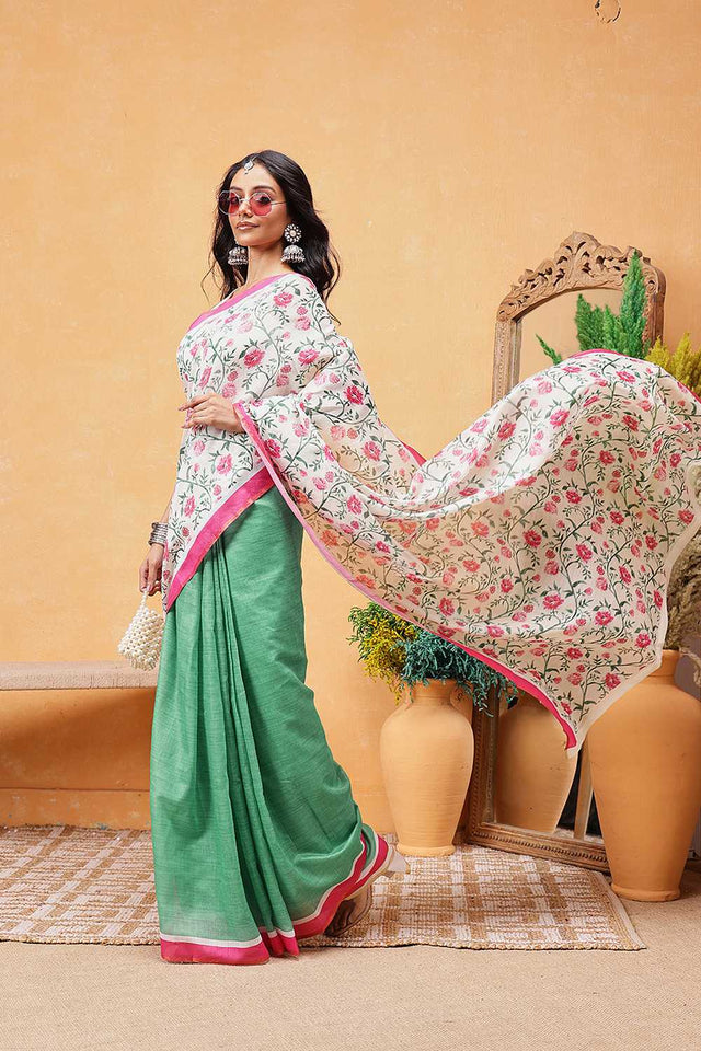 Green Floral Printed Cotton Blend Ready to Wear Saree