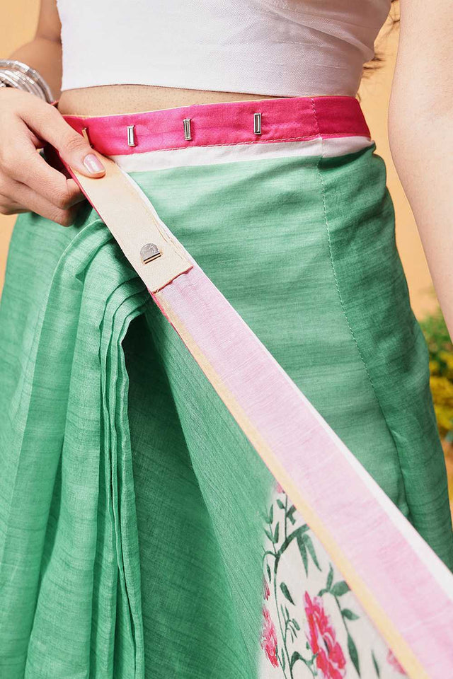 Green Floral Printed Cotton Blend Ready to Wear Saree
