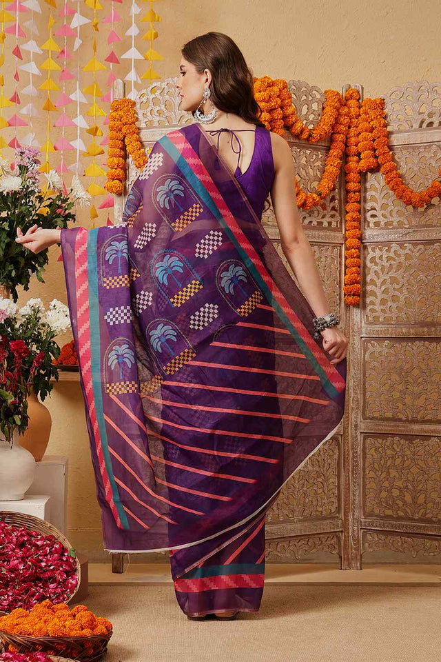 Violet Printed Chanderi Ready to Wear Saree