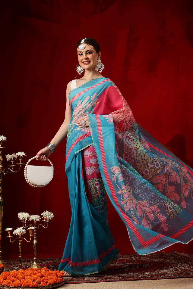 Turquoise Printed Chanderi Ready to Wear Saree