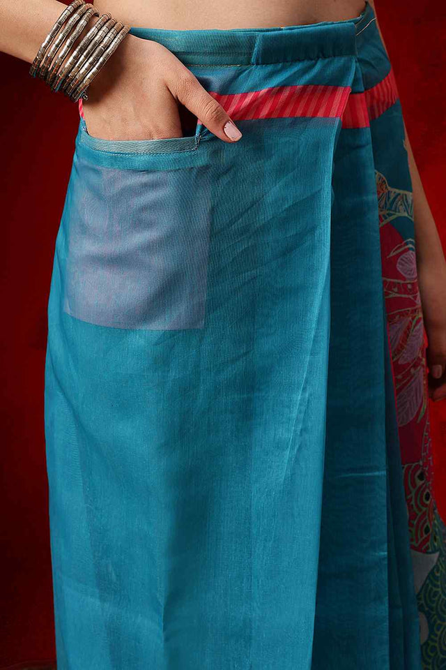 Turquoise Printed Chanderi Ready to Wear Saree