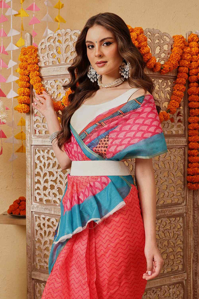 Pink Printed Chanderi Ready to Wear Saree