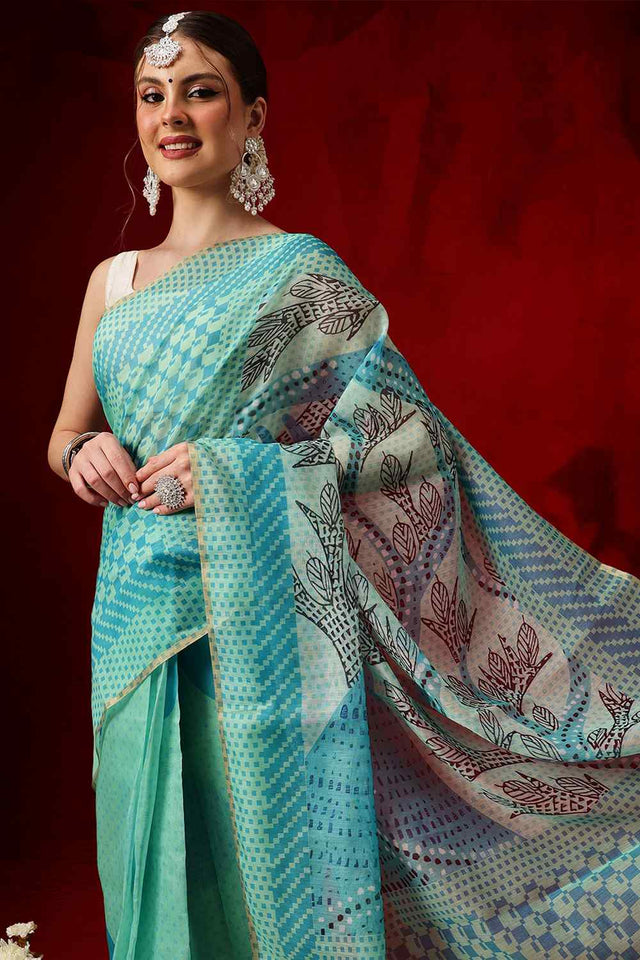 Green Printed Chanderi Ready to Wear Saree