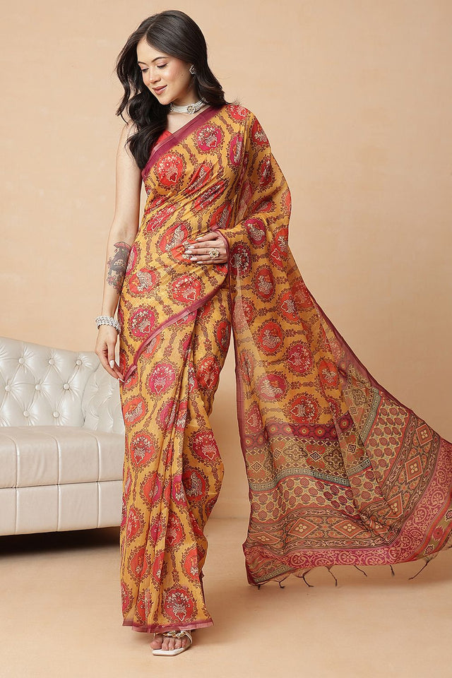 Mustard Kalamkari Printed Cotton Blend Saree (SZR-KLD000-3201)