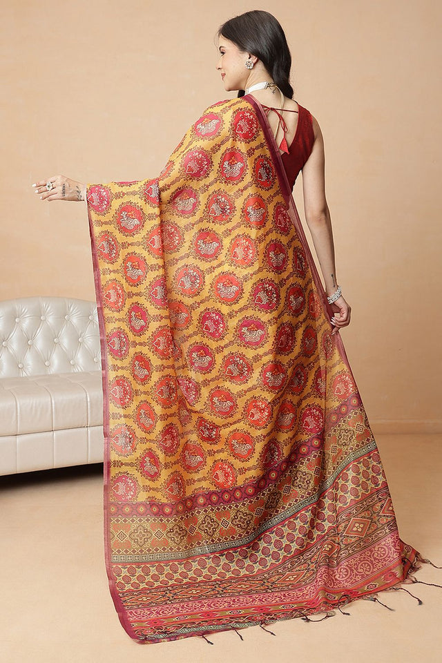 Mustard Kalamkari Printed Cotton Blend Saree (SZR-KLD000-3201)