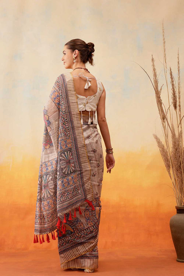 Multi Color Floral Printed Cotton Blend Ready to Wear Saree