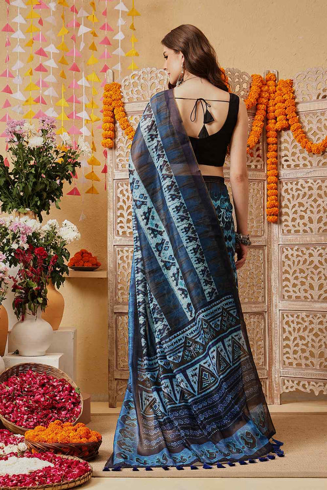 Blue Printed Cotton Blend Ready to Wear Saree