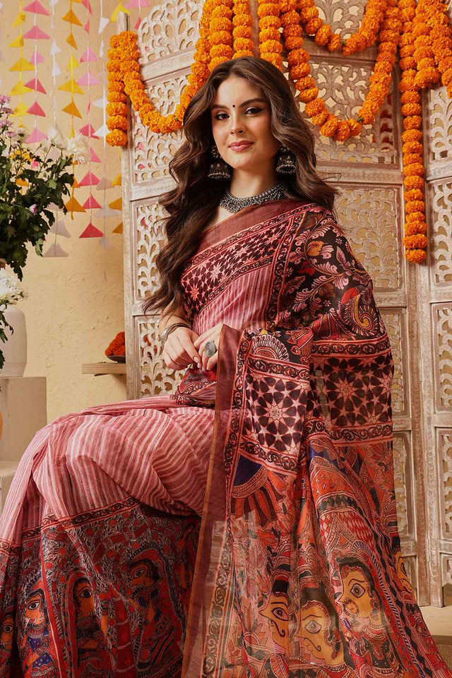 Pink Printed Cotton Blend Ready to Wear Saree