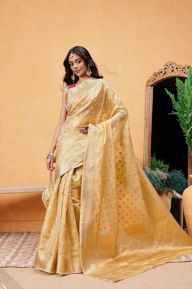 Beige Floral Woven Tissue Silk Ready to Wear Saree