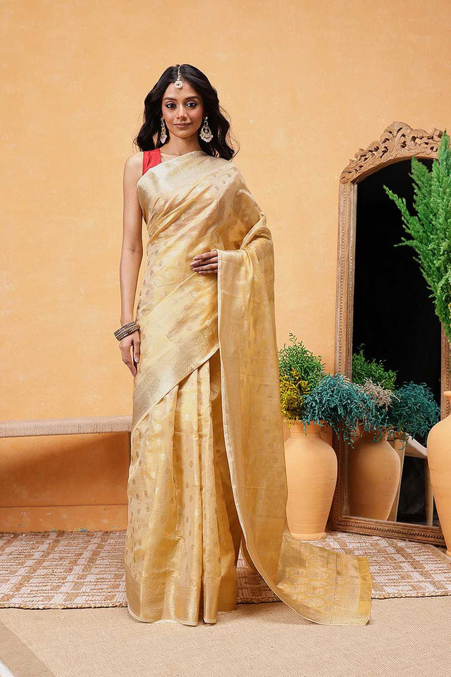 Beige Floral Woven Tissue Silk Ready to Wear Saree