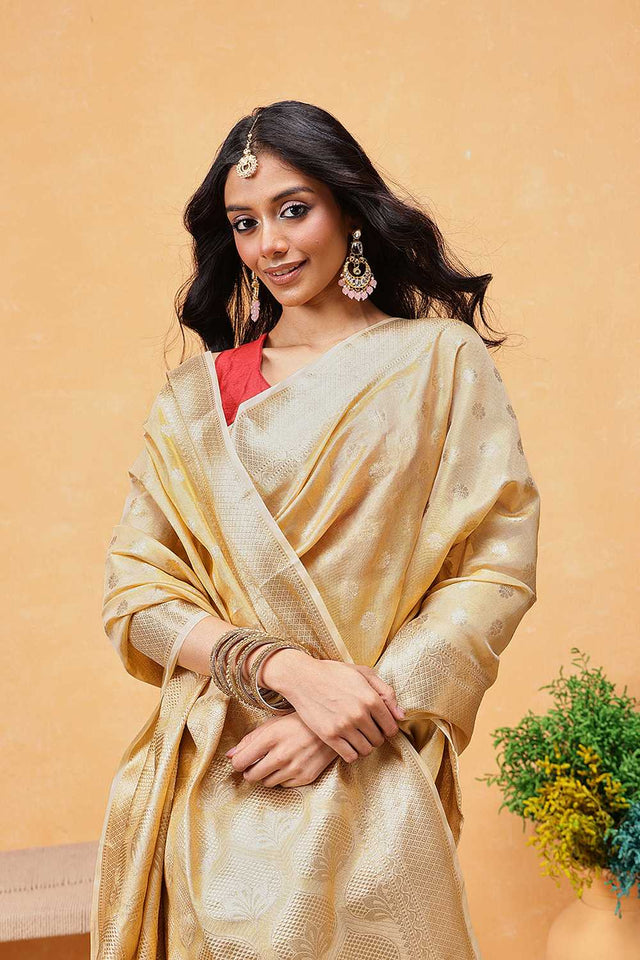 Beige Floral Woven Tissue Silk Ready to Wear Saree