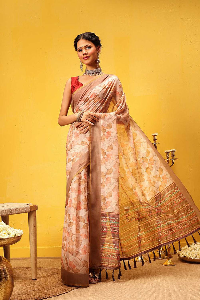 Beige Floral Printed Cotton Blend Ready to Wear Saree