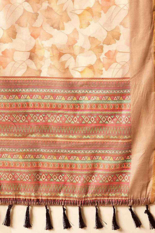 Beige Floral Printed Cotton Blend Ready to Wear Saree