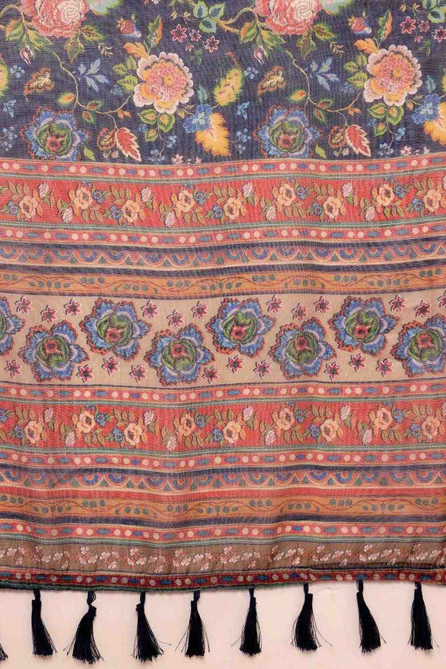 Navy Blue Floral Printed Cotton Blend Ready to Wear Saree