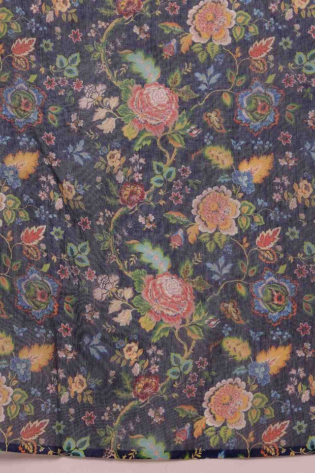 Navy Blue Floral Printed Cotton Blend Ready to Wear Saree