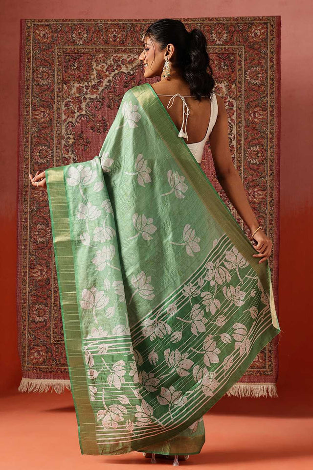 Green Floral Printed Silk Ready to Wear Saree