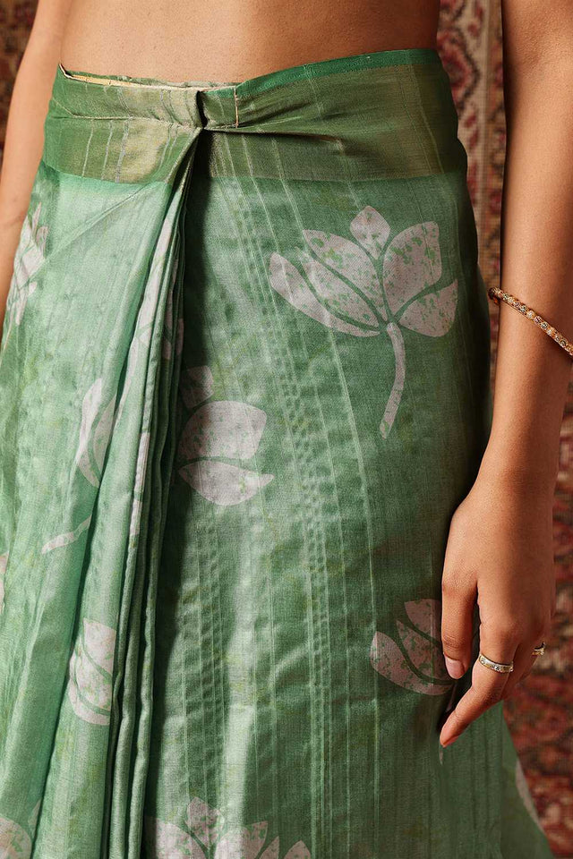 Green Floral Printed Silk Ready to Wear Saree