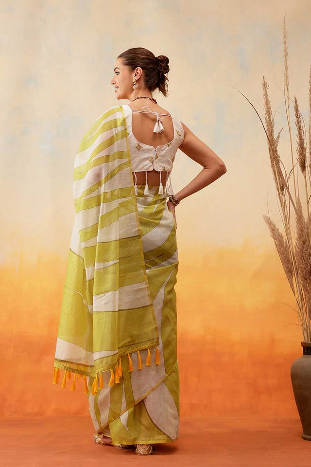 Yellow Striped Print Cotton Blend Ready to Wear Saree