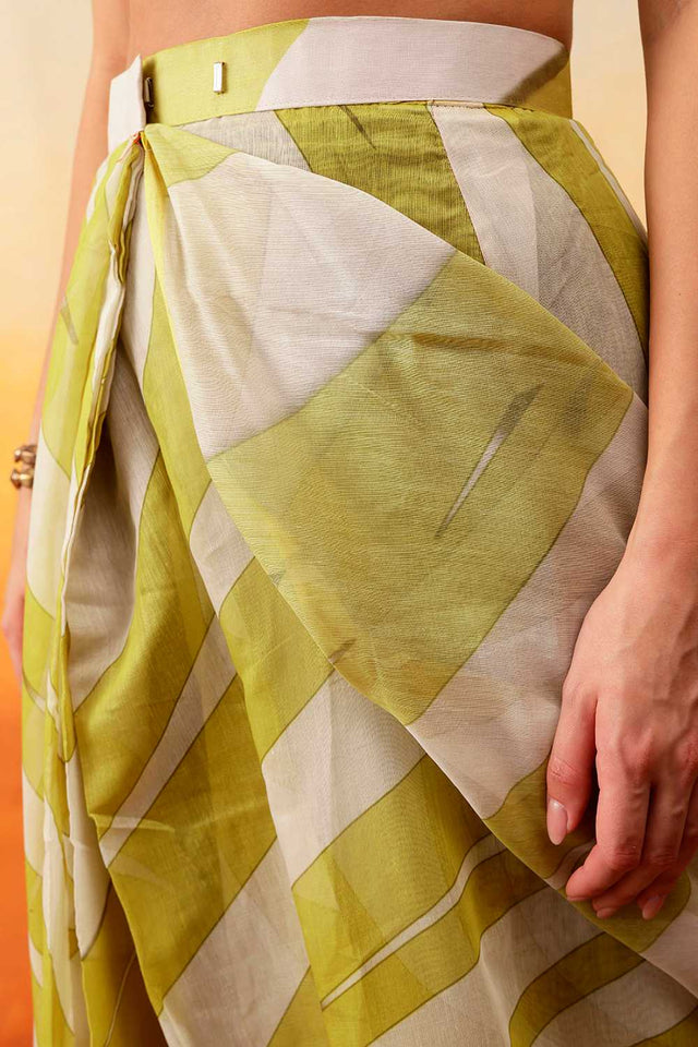 Yellow Striped Print Cotton Blend Ready to Wear Saree