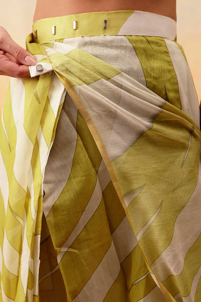 Yellow Striped Print Cotton Blend Ready to Wear Saree