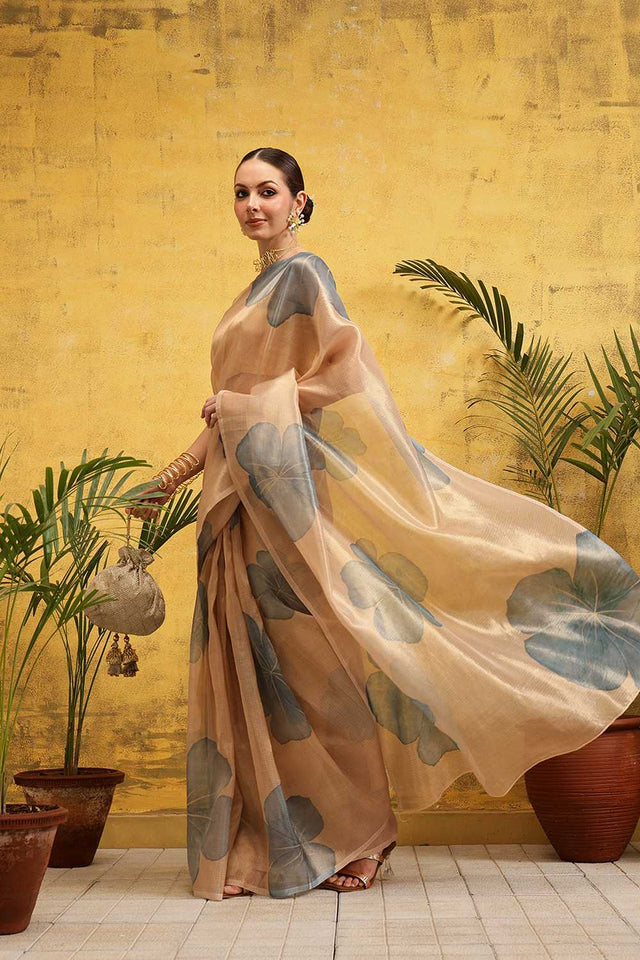 Beige Floral Printed Tissue Silk Ready to Wear Saree