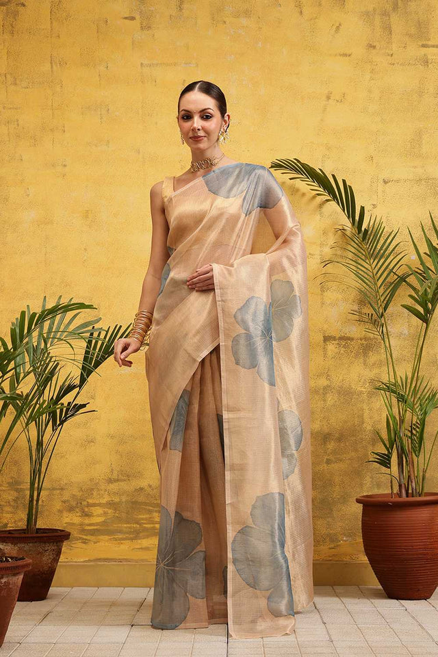 Beige Floral Printed Tissue Silk Ready to Wear Saree