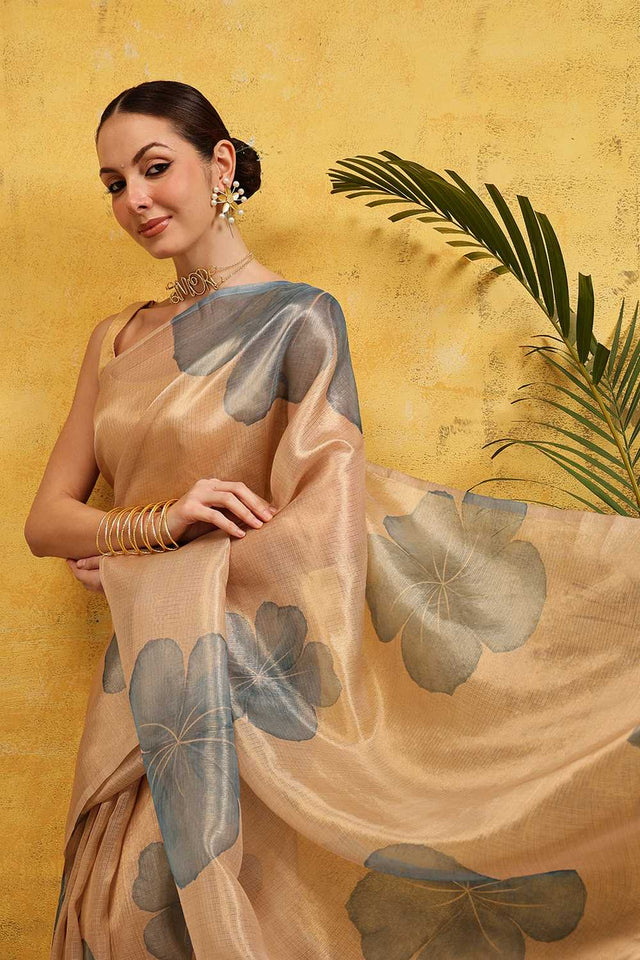 Beige Floral Printed Tissue Silk Ready to Wear Saree