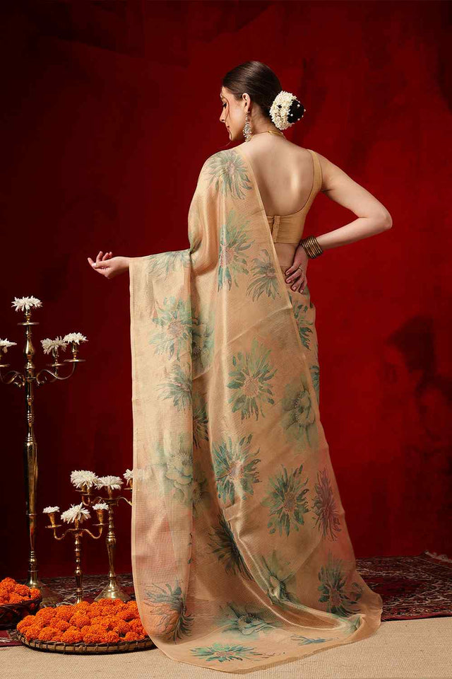 Beige Printed Cotton Silk Ready to Wear Saree