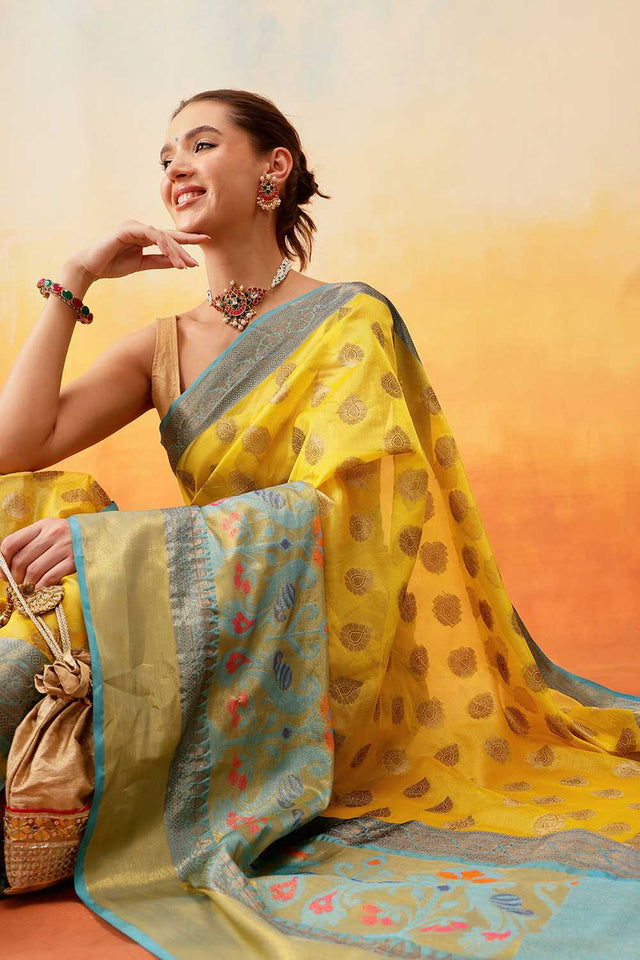 Yellow Floral Woven Art Silk Ready to Wear Saree