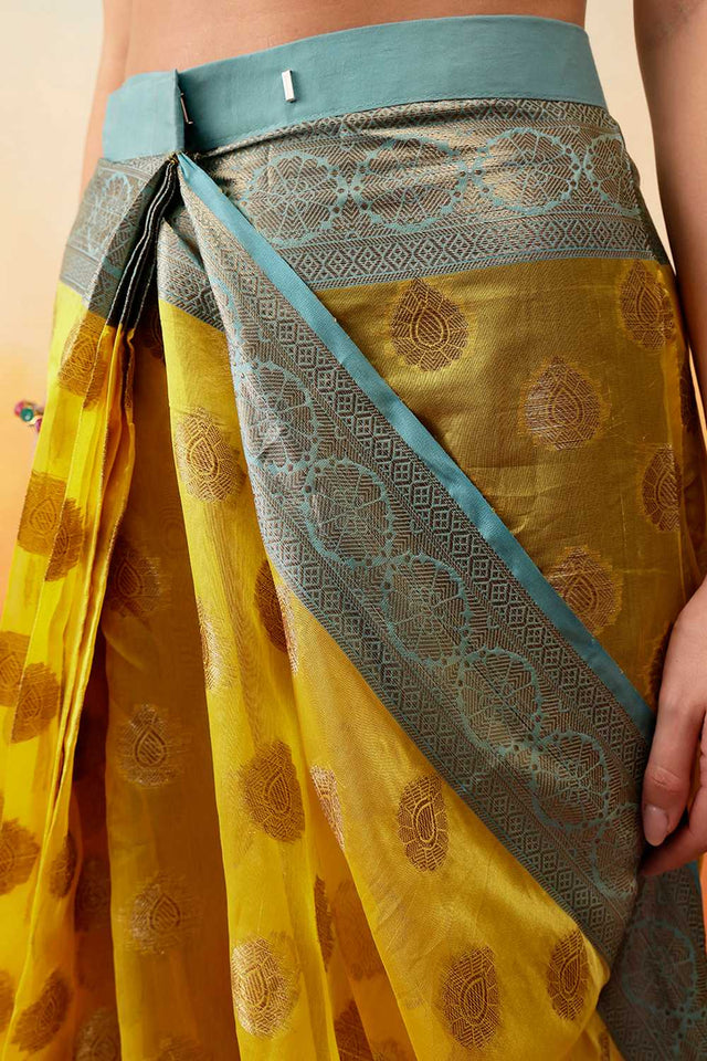 Yellow Floral Woven Art Silk Ready to Wear Saree