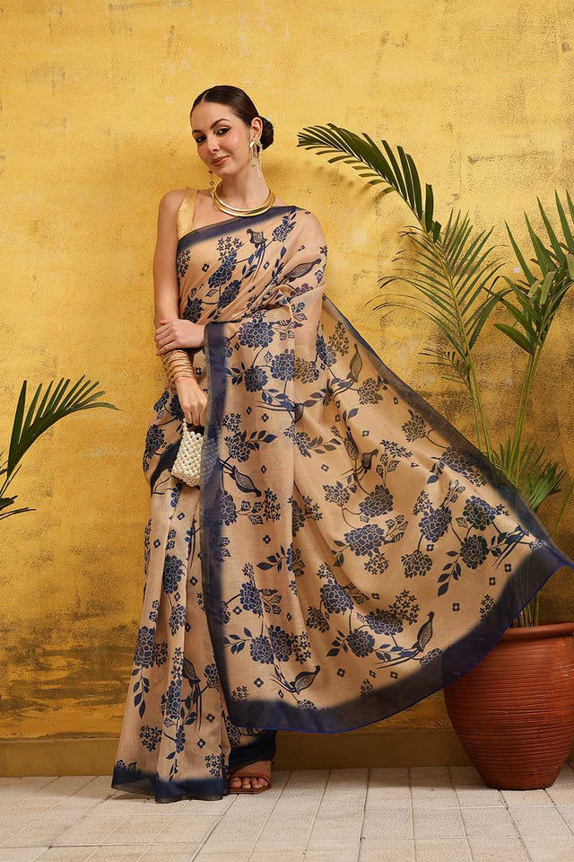 Beige Floral Printed Cotton Blend Ready to Wear Saree