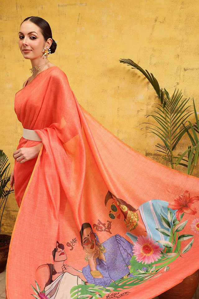Peach Solid Cotton Blend Ready to Wear Saree