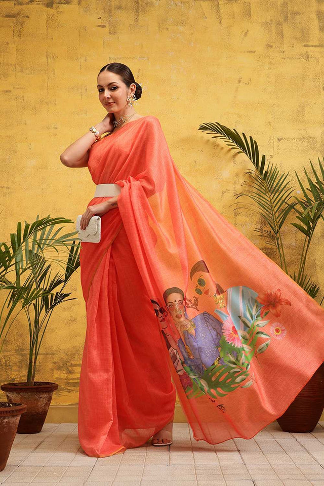 Peach Solid Cotton Blend Ready to Wear Saree