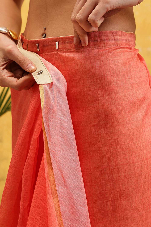 Peach Solid Cotton Blend Ready to Wear Saree