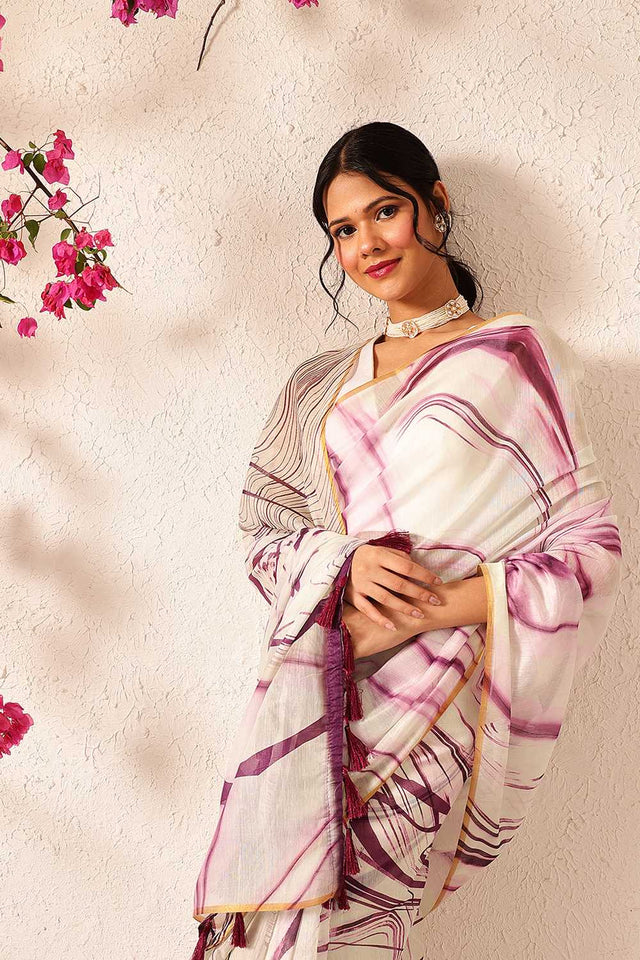 White Abstract Printed Cotton Blend Ready to Wear Saree