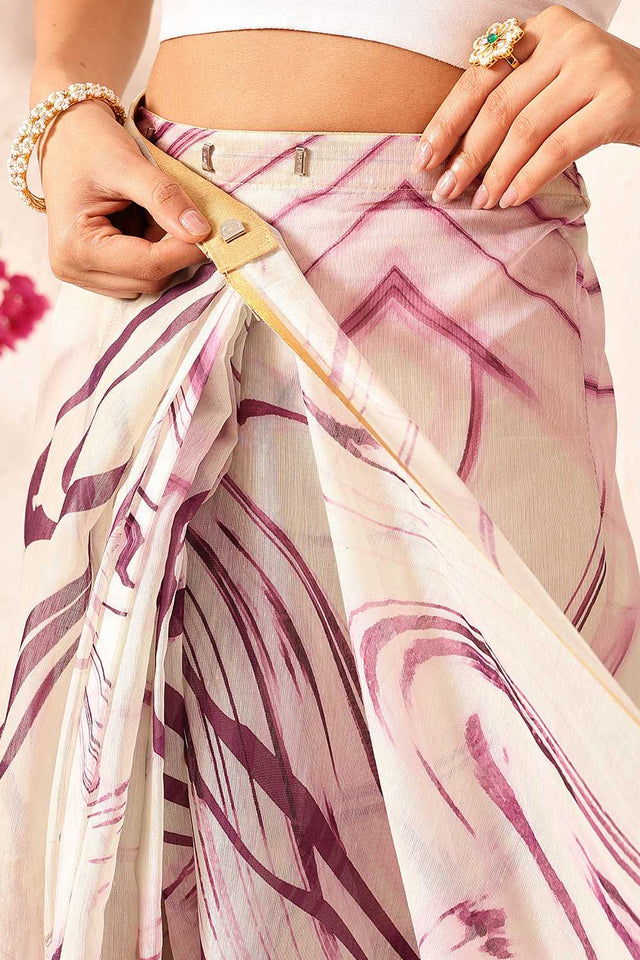 White Abstract Printed Cotton Blend Ready to Wear Saree
