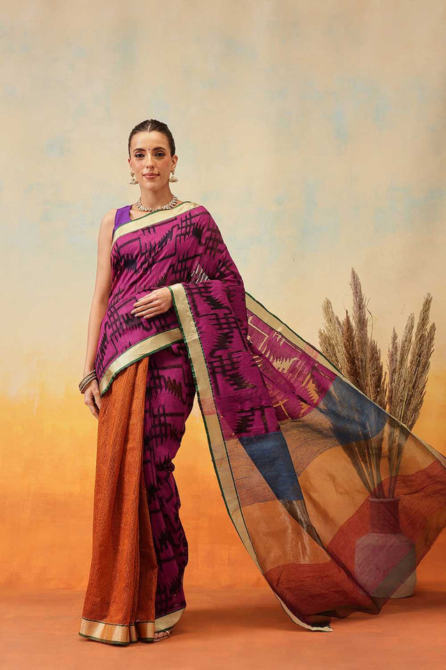 Violet Striped Woven Cotton Ready to Wear Saree