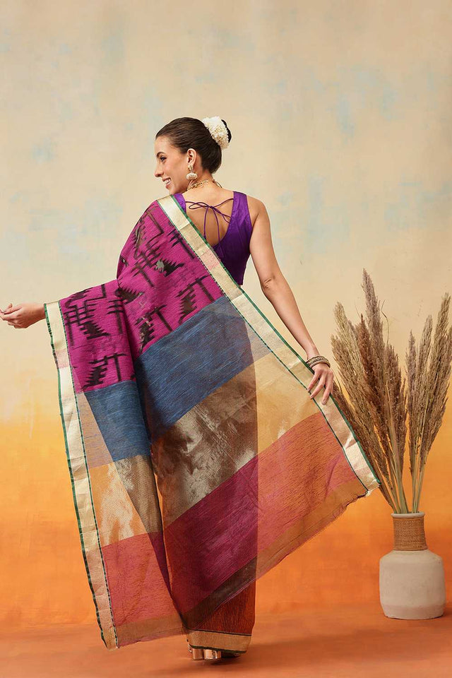Violet Striped Woven Cotton Ready to Wear Saree