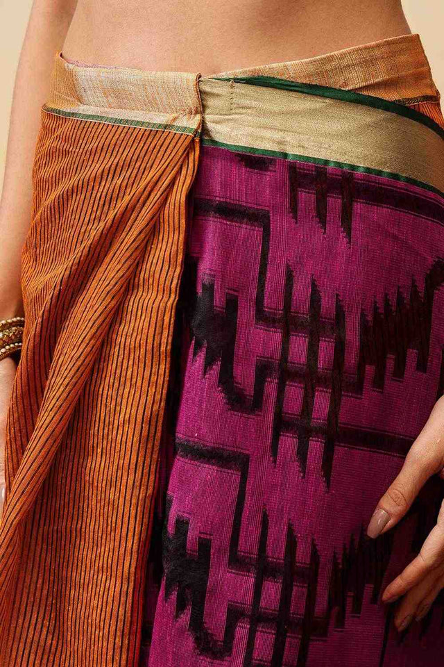 Violet Striped Woven Cotton Ready to Wear Saree